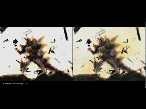PR Dino Thunder/ Abaranger Dino Stegazord First Appearance Split Screen (PR and Sentai version)