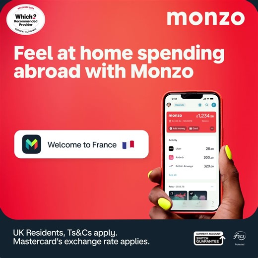 413K views · 13 reactions | Spend fee-free overseas, split group costs, and freeze your card anywhere with Monzo. UK residents, Ts&Cs and Mastercard’s exchange rate apply. | Monzo | Facebook