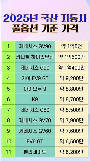 2025년 국산차 풀옵션 기준 가격 #카니발 #제네시스 #현대 #기아