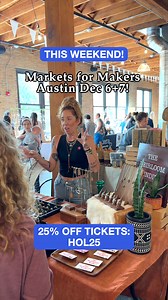 🚨⏰25% Off Tickets!⏰🚨 ⭐️VIP Tickets Available Online ONLY ⭐️ ❄️Austin Market for Makers 🗓December 6 7 ⏰11am-5pm Use Code: HOL25 At checkout for 25% off tickets! 130 Makers: ❤️Boutiques ❤️Home Goods ❤️Jewelry And so much more! VIP Ticket Include: ⭐️Market access ALL WEEKEND ⭐️Dedicated VIP line ⭐️Exclusive Preview Hour (Saturday 10am - 11am) ⭐️Special Edition cotton market tote ($10 value) 🧒KIDS Under 12 are FREE Located in Austin at: PALMER EVENTS CENTER 900 Barton Springs Rd Austin, TX 78704