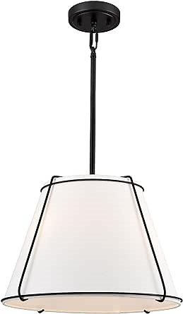Modern Pendant Light Fixtures, 16" White Linen Drum Pendant Lights, Adjustable Hanging Light Fixture with Metal Frame, Black Chandelier for Bedroom Dining Room Kitchen Island Living Room