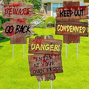 Halloween Decorations Beware Signs Yard Stakes Outdoor Creepy Assorted Warning Sign,Scary Zombie Theme Party Decor Supplies,3 Pieces