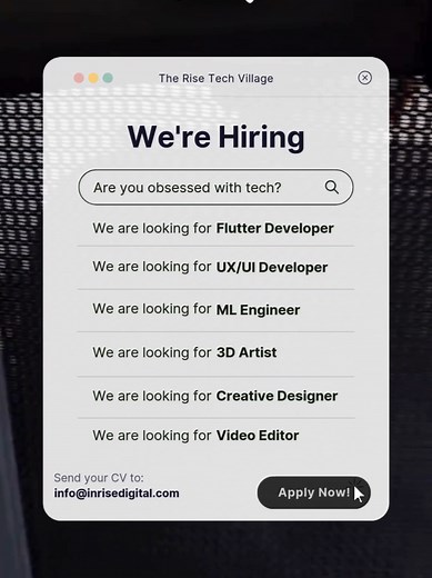 Are you ready to rise with tech? 🚀 🌟 Age 17-24? This is your chance to shine! 🎓 No degree? No problem! Your skills and passion matter most. 💻 Dream of working with tech and innovation? Welcome to your future. 🌈 Be part of Rise Tech Village! A hub for young tech enthusiasts. 📧 Apply now by sending your CV to info@inrisedigital.com. Your journey to greatness starts here! ✨