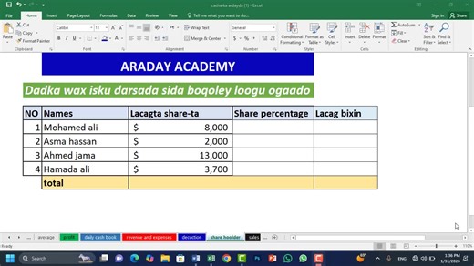 ‏Ms Excel shares and faa'ido qayb sasho