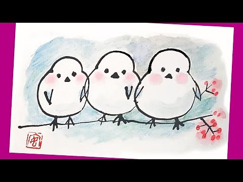 【絵手紙ハガキ絵】雪の妖精シマエナガ：水彩色鉛筆・秋・絵手紙の描き方・簡単なかわいいイラストの描き方 9月・10月・11月 #シマエナガ #小鳥の描き方 #色鉛筆画 #簡単 #かわいい