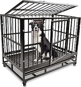 46 Inch Heavy Duty Indestructible Dog Crate Cage Kennel with Wheels, Escape Proof Dog Kennel Crate for Large Dogs, Extra Large XXL Dog Crates Indoor with Sturdy Lock, Double Door & Removable Tray