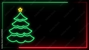 Loop Glowing Neon Christmas Tree on Black Background. Neon illuminated Christmas loop background. New year and Holiday modern celebration card template Neon glowing lights motion design