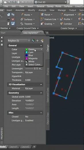 Displaying lines in the THICKNESS properties of AutoCAD Civil 3D