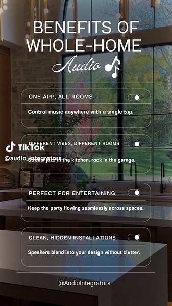 Music That Follows You Everywhere 🎵 Imagine walking from the kitchen to the patio and your playlist just… follows you. That’s the beauty of a whole-home audio system — seamless sound, total control, and zero clutter. 🎚️ Control every room from one app 🎵 Play different music in different spaces 🎉 Perfect for parties, workouts, or winding down 🏠 Speakers built right into your design — no wires, no mess At Audio Integrators, we design and install customized multi-room audio systems that blend 