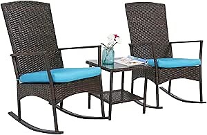 kinbor 3 Piece Brown PE Rattan Rocking Chairs Outdoor Bistro Set with Glass Coffee Table Wicker Rocker Outdoor Furniture with Blue Cushions for Front Porch, Garden, Lawn, Deck, Pool