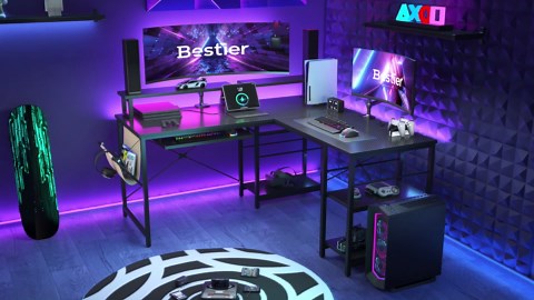 Bestier 95" L Shaped Gaming Desk with Led Light, Computer Corner Desk or 2 Person Long Table with Shelves Monitor Stand and Keyboard Tray for Home Office, Carbon Fiber Black