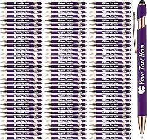 Personalized Pens with Stylus - Custom Printed Name Pens with Black Ink - Imprinted with Your Logo or Message - Good Gift for Office, Teachers and Students - 100 pcs (Purple)