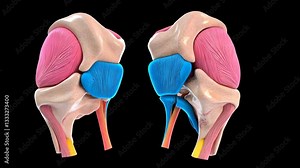 Detailed anatomical 3D model of human knees showing ligaments, muscles, and joint structure