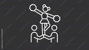 Cheerleading animation set. Dancing girls animated white line icons. Sport team support and encouragement. Black illustrations on white background. HD video with alpha channel. Motion graphic