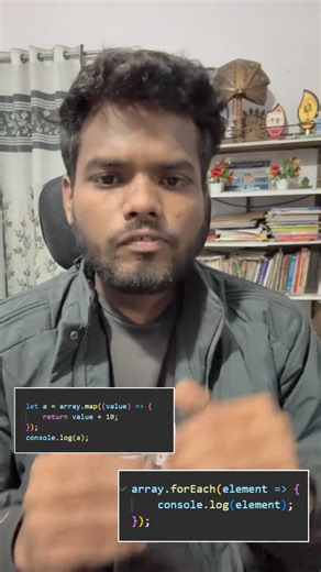 Harsh on Instagram: "map() vs forEach() in JavaScript 👇 map() is used when you want to transform data. It loops through an array and returns a new array. forEach() is used when you just want to perform an action on each item. It does not return anything. 👉 Use map() when preparing data for UI 👉 Use forEach() when you only need side effects like logging or updating values #javascript #map #foreach #frontenddeveloper #webdevelopment #codingreels #js"