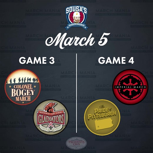 1.2K views · 44 reactions | Sousa's March Mania | March 5: Game 3: Colonel Bogey March vs. Entry of the Gladiators Game 4: The Imperial March vs. The Pride of Pittsburgh Vote: https://survey.alchemer.com/s3/7744655/Sousa-s-March-Mania-March-5-2024 #MarchMania Playlist: https://www.youtube.com/playlist?list=PLA7no0L9zTk593hcV7VZZ2630zmNBQspB | "The President's Own" United States Marine Band | Facebook