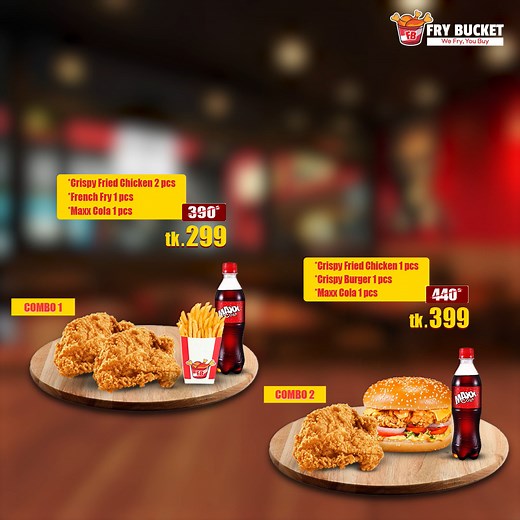 Double the deals, double the delight! Enjoy your favourite crispy combos every day. 🍗🔥 Available for both dine-in & online orders 📞 Call 09613791791 to order and enjoy your combo at home, or order from frybucketbd.com | Fry Bucket