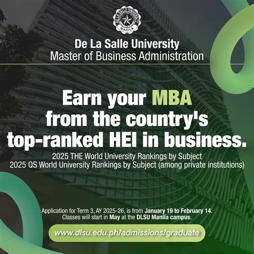 Earn your MBA from the country's top-ranked HEI in business. Explore infinite career possibilities! Application for DLSU MBA Term 3, AY 2025-26, is open until February 14. Check the link in the comments for an online application process made easier for you. Term 3 will start in May. Classes are in hybrid mode, weeknights, from 6 pm to 9 pm. See you in DLSU! De La Salle University Graduate Studies Beyond higher learning® #DLSUMBA | DLSU Graduate Studies