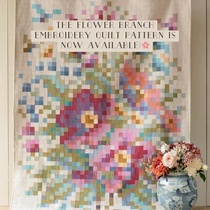 Our latest needlepoint-inspired design is this lovely Flower Branch Embroidery Quilt, given a wonderful antique look thanks to the Tilda Chambray Basics fabric. The FREE pattern is now available on TildaFabricUSA.com! 💗 | Tilda Fabrics USA