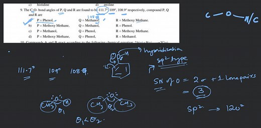 c) histidined) prolineThe C - O - bond angles of \mathrm{P}, ... | Filo