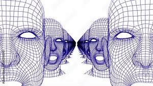 Speaking human head. Talking mesh head. Grid head conversation. 3D animation.