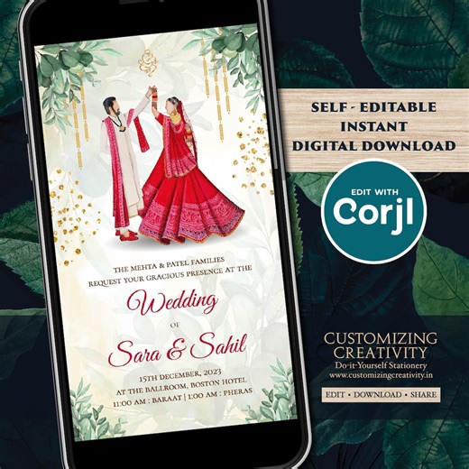 Indian Wedding Invitation Digital Download : Hindu Wedding Card Editable Template With Couple Illustration - Etsy
