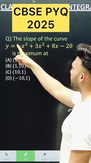 Shivang Gupta on Instagram: "CBSE PYQ 2025 Application of derivative class 12 CBSE PYQ 2025 ( 1 Marks ) Q) Q) The slope of the curvey = -x*3 + 3x^2+ 8x - 20 is maximum at(A) (1,-10)(B) (1,10)(C) (10,1)(D) ( CBSE PYQ 2025 Application of derivative class 12 Q) Q) Integration x 𝑑x CBSE 2026 Inverse Trigonometric PYQ 2025 Maths for Class 12 #cbse2026 #mdifferentiation class 12 mathematics analysis class 12 maths important questions 2025 cbse board determinants class 12 ncert solutions inverse trigo