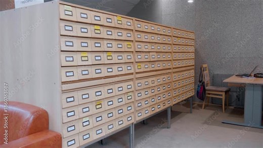 wooden filing cabinet with many boxes and labels in a public library or archive - an old fashioned system for organizing information,