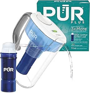 PUR Plus 7-Cup Water Filter Pitcher for Fridge, Cleaner, Great-tasting Water, Dishwasher Safe, Powerful Filtration, Change Light Indicator, LockFit Cap Design, White