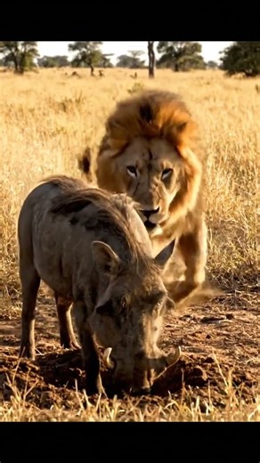 Warthog Charges and Flips the Script on Lion 😂 #crazy #wildlife #animals