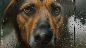 A dog with brown eyes is looking out of a window. The rain is falling outside, and the dog's reflection can be seen in the window