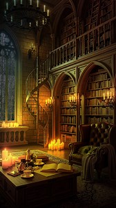 Rain-washed gothic library calm ⠀ ⠀ Raindrops ribbon down stained glass while firelight flickers up the spiral stairs. Leather pages exhale history; candle-warm tea steams beside you. Save this reel for your next rainy-night read. #cozy #rain #cozyvibes #hygge #slowliving #librarylove #readingnook #gothiclibrary #rainywindow #candlelightambience #ambiancehometv | Ambiance Home Tv