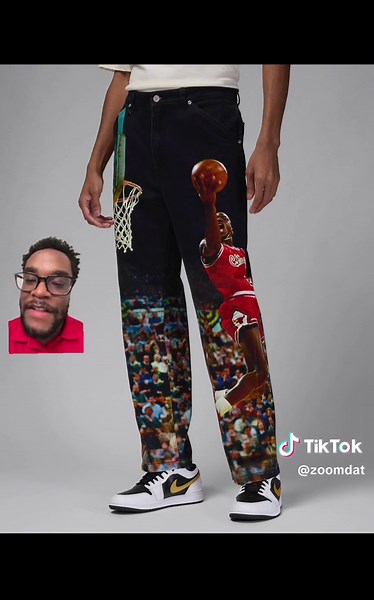 Nike has jeans coming to their app soon with a big ole picture of Michael Jordan from the Dunk Contest on them. Tbh these remind me of popular jeans from before the pandemic, and at $200 thats CRAZYYYY work from swoosh company. Y’all paying half a car note to have Jordan on your thigh😭😭 #jordans #nike #baggyjeans #nba #streetwear #fallaesthetic #greenscreen