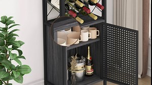 O&K FURNITURE Freestanding Wine Rack, Liquor Cabinet with Glass Holder, Wine Bar Cabinet with Adjustable Shelf for Living Room, Home Bar（Modern Grey）