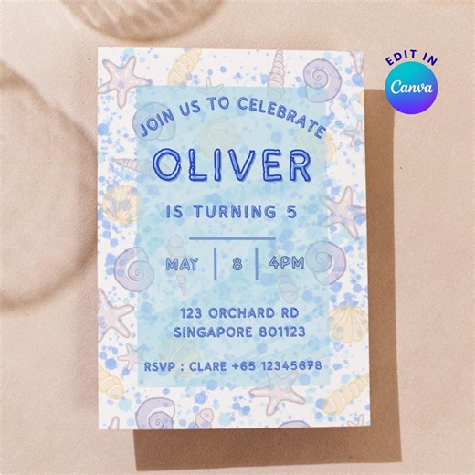 Under the Sea Shells Birthday Invitation | Ocean Party Template | Canva Editable | Digital Download - Etsy