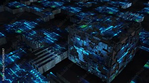 Abstract digital data, tech cube box, Sci-Fi Neon Glowing Lights in dark background. Microprocessor Symbolizing Generative AI processes