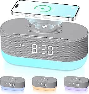 HOUSBAY Wireless Charging Alarm Clock Radio - Fast Charging Station for iPhone Samsung, Bluetooth Speaker, Upgrade Morning Routine, Dimmable Clock with FM Radio for Bedroom
