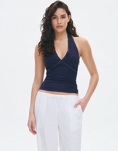 Contrast Linen Halter Top in Navy Blazer X White | Glassons