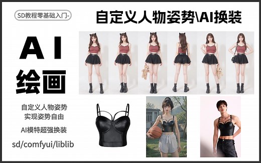 comfyui自定义人物动作，模特换装，想摆什么姿势就摆什么姿势，想换什么衣服就换什么衣服，不穿都行！