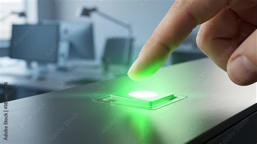 Finger Pressing Button for Modern Technology in Office Space Scene