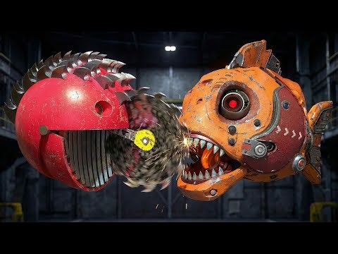 Pacman Walking Robot Blade and Robot Spiky Face a Shifting Lava Maze of Machines