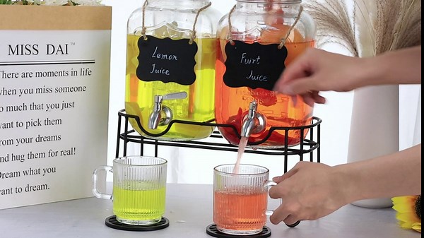 Drink Dispenser (2 Pack) With Metal Stand,Drink Dispensers for Parties,1 Gallon Beverage Dispenser with Stainless Steel Spigot & Lid,Come with Ice Cylinder,Fruit Tube and 2 Rubber Mats