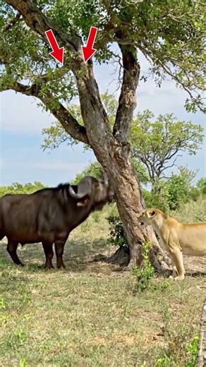 Angry Cape Buffalo Charges And Chases Away A Lioness #BuffaloVsLion #AnimalKingdom