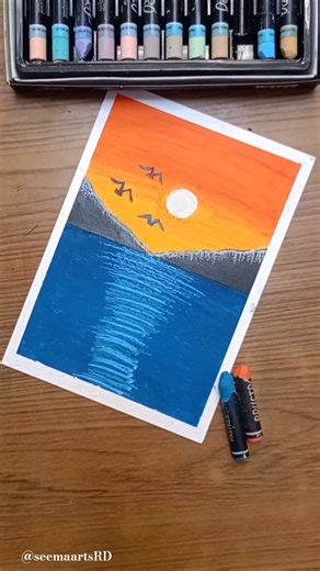 🌅 Easy Sunset Lake Scenery Drawing | Oil Pastels with water Reflection