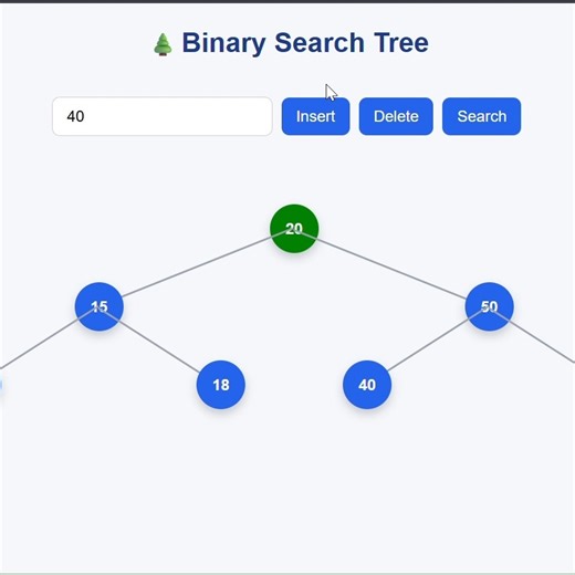 Muhammad Ali on Instagram: "🌱 Binary Search Tree Visualization | JavaScript Mini Project I’m excited to share a mini project I built as part of my college assignment, focused on Data Structures and JavaScript fundamentals. 🔹 Project: Binary Search Tree (BST) Visualizer 🔹 Purpose: To understand how BST operations work through visual representation This project allows users to: ✔ Insert nodes ✔ Delete nodes ✔ Search values ✔ View the BST structure dynamically with animations I implemented core 