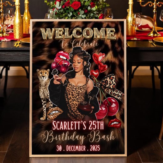 25th Cheetah Print Birthday Welcome Sign Leopard Red and Gold Sign Poster, Cheetah Print Birthday Decoration,red and Leopard Birthday Print - Etsy