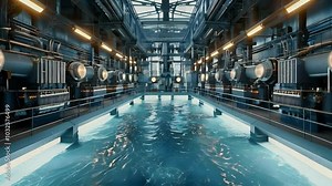 An industrial looking pool with a futuristic design and a reflective surface, showing a long pool in a modern industrial setting, with steel beams and lighting above.