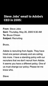 Steve Jobs’ email to Adobe’s CEO in 2005 highlights the competitive dynamics of Silicon Valley’s talent war. In the email, Jobs mentions Apple’s policy of not recruiting from Adobe and questions Adobe’s contrasting approach. This reflects the unspoken agreements companies had to manage talent poaching. The email sheds light on how hiring practices were carefully monitored, especially in an era when companies fiercely competed for the best minds. With Apple and Adobe being major players, such pol