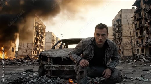 Man crouches near destroyed car in war zone with burning buildings behind. Survivor sits by burned car amid city ruins. Man in war destruction near car. Burning city shows man by destroyed vehicle