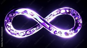 An infinity symbol in radiant purple light on a dark background, symbolizing eternity, endless possibilities, and timelessness